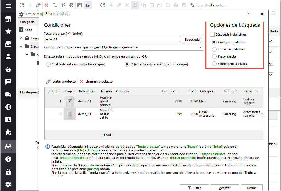 Adjust PrestaShop Product Search Options in Store Manager