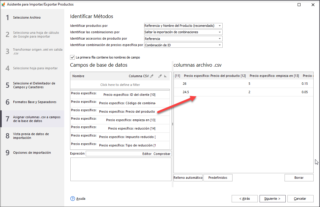 Assign columns to database fields