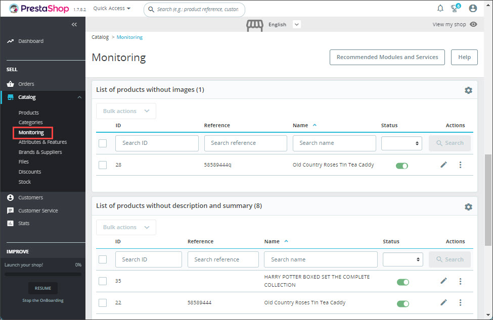 Catalog Monitoring from PrestaShop Admin