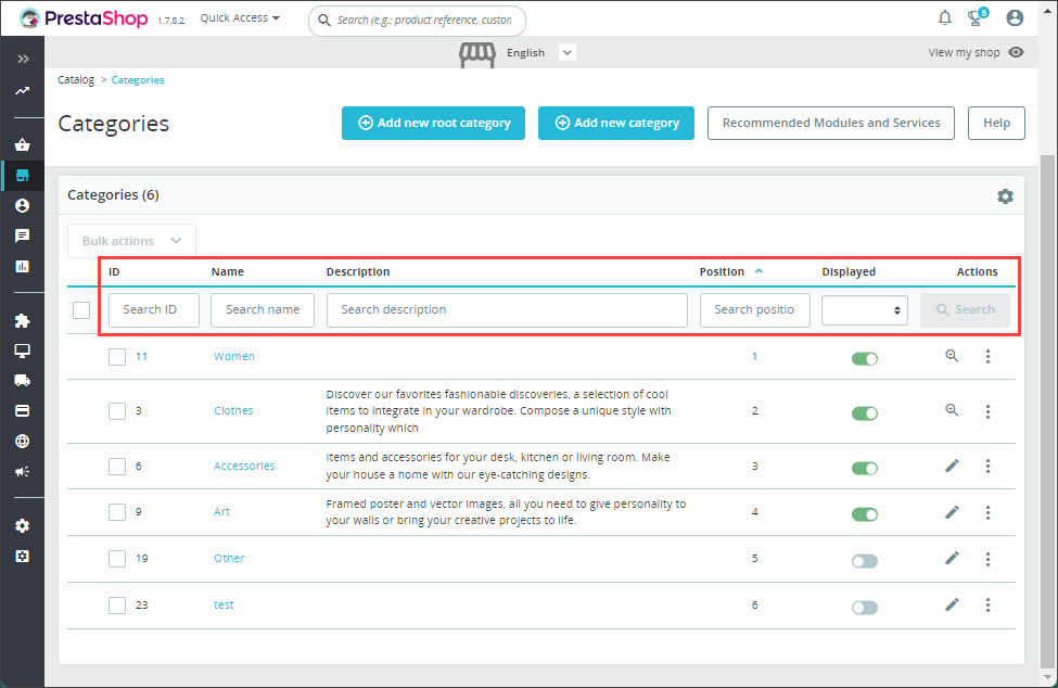 Category Filter PrestaShop Backend