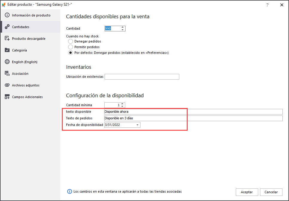 Check Availability Settings at Edit Product Page in PrestaShop Store Manager