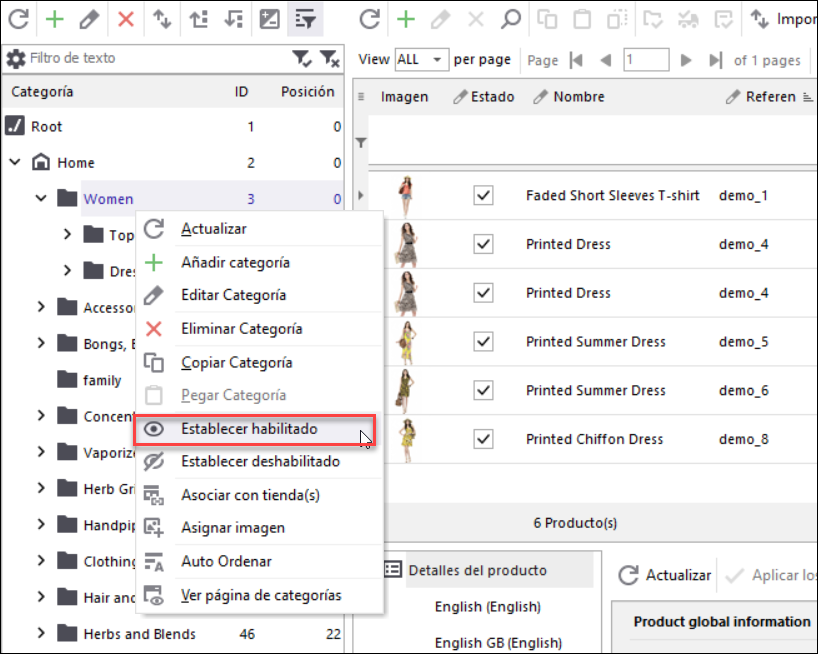 Gestión de la Lista de Сategorías PrestaShop