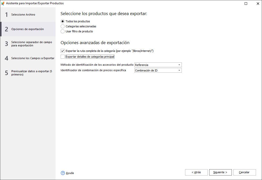 Export Options Step in PrestaShop Store Manager Export Wizard