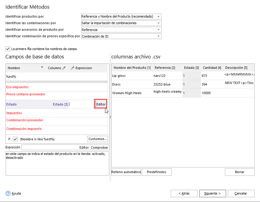 Expression Editor via PrestaShop Products Import
