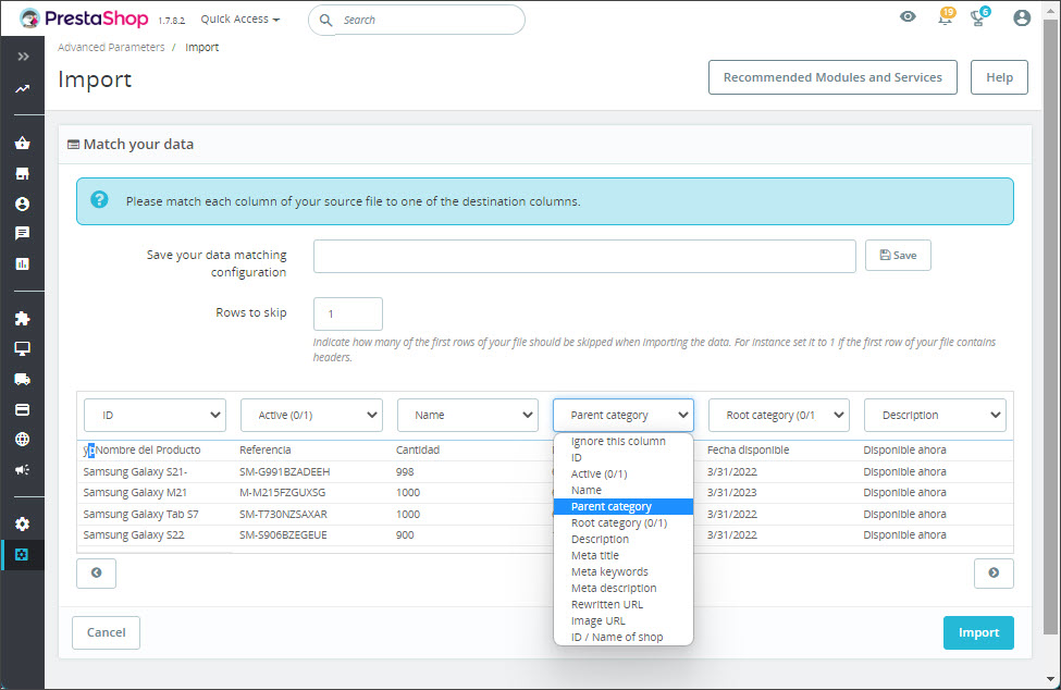 Match Your Data for Products Import with PrestaShop Admin