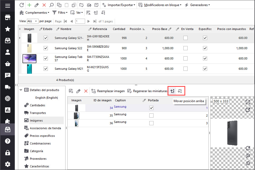 Move Images Positions in PrestaShop Store Manager Example