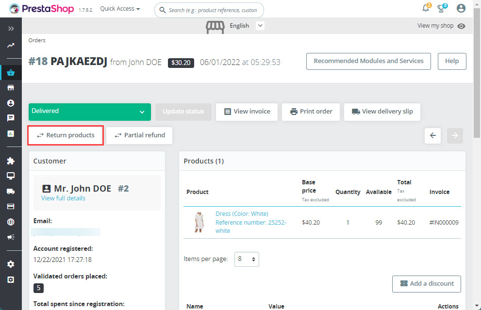 Press on Return Products Button at PrestaShop Backend
