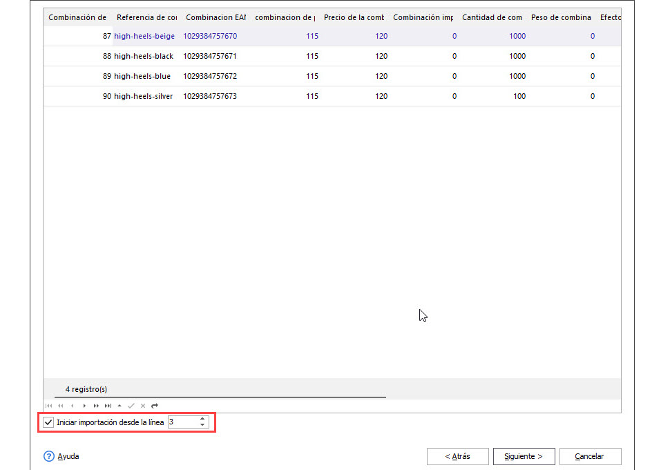 PrestaShop Combinations Update Wizard Preview Data