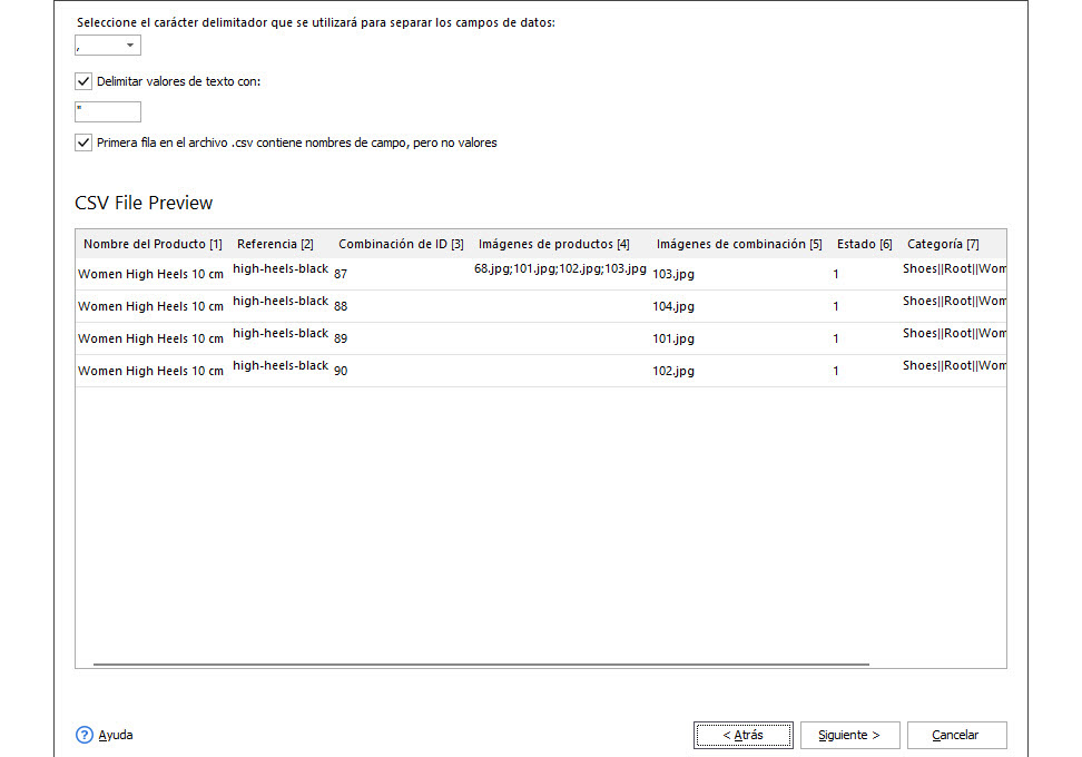 PrestaShop Combinations Update Wizard Select Delimiters with Store Manager