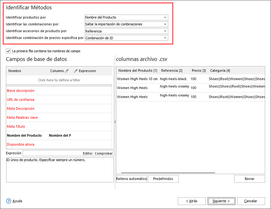 PrestaShop Fields Association Step During Products Import with Store Manager