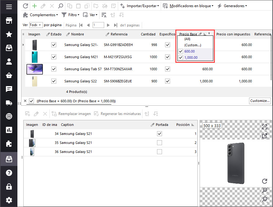 PrestaShop Filter by Price in Store Manager