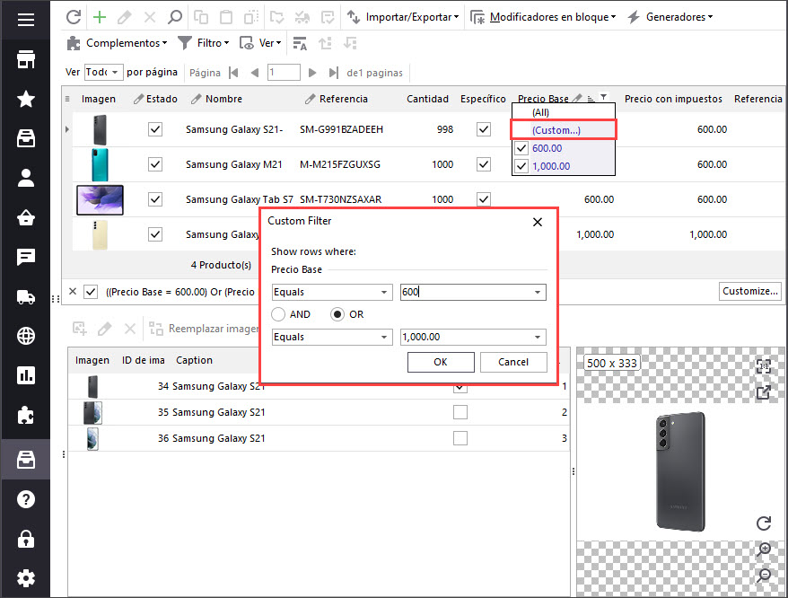 PrestaShop Filter by Scecific Parameters in Store Manager