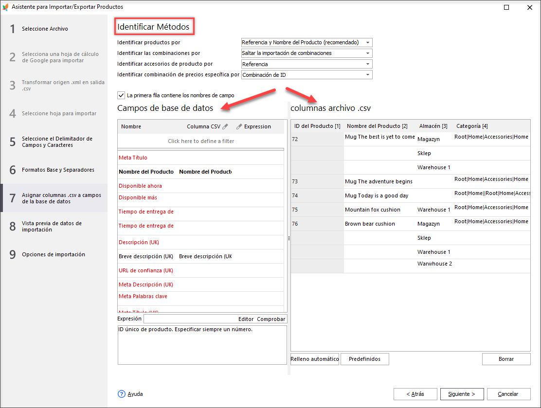 PrestaShop Import Fields Association Step During Product Upload