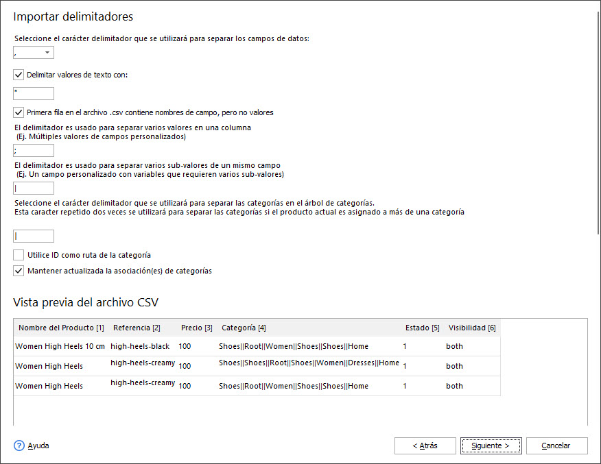 PrestaShop Import File Delimiters Step