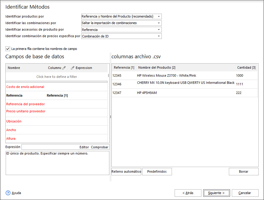 PrestaShop Import Inventory Fields Mapping