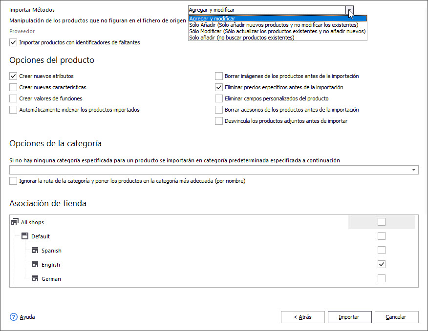 PrestaShop Import Options Step in Store Manager Import Wizard