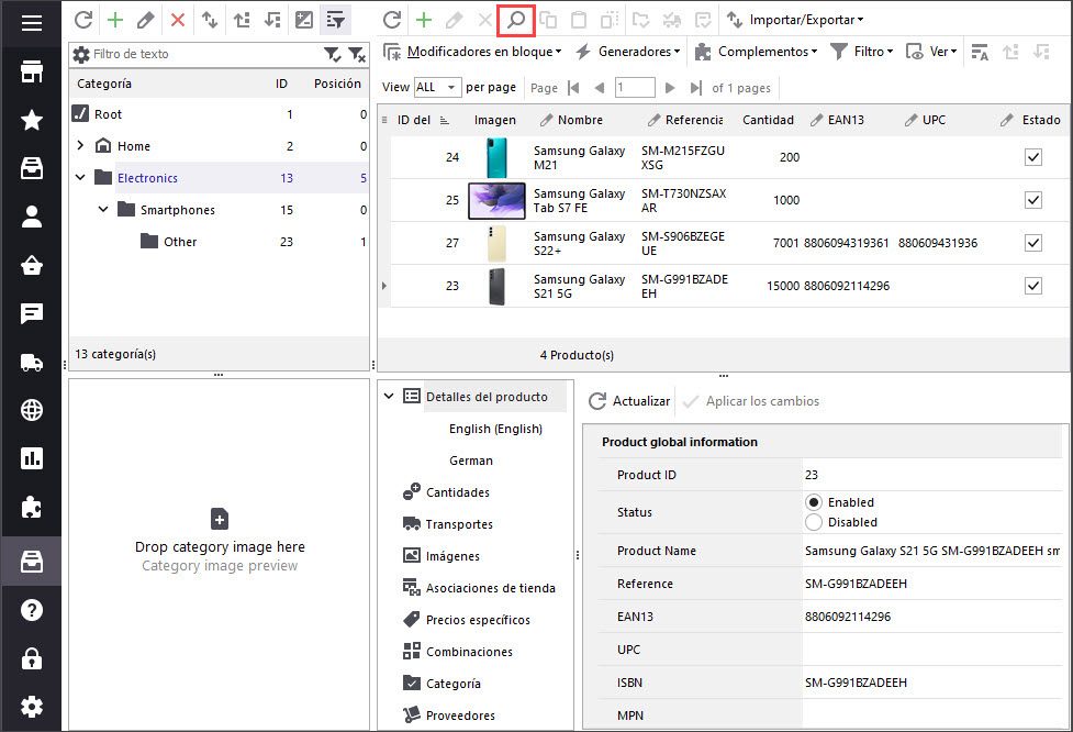 PrestaShop Products Search Option in Store Manager