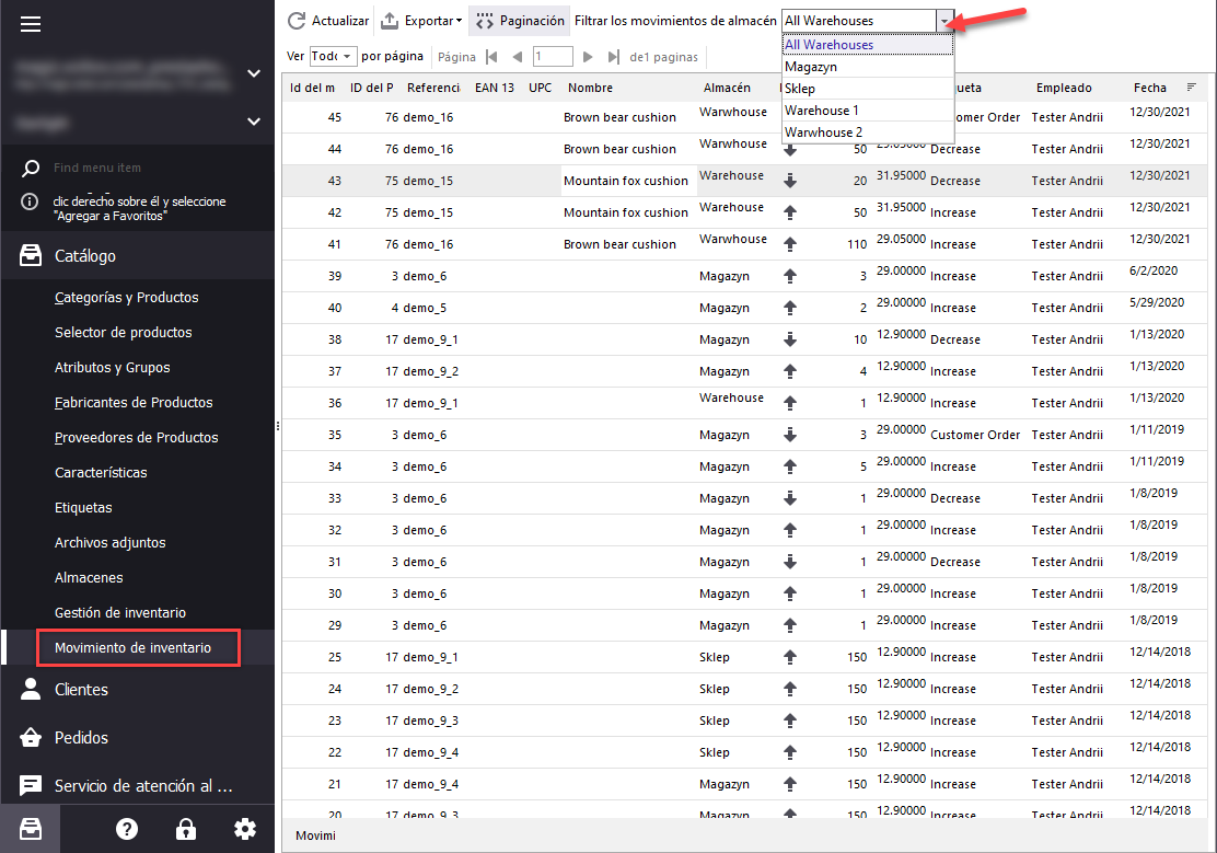 PrestaShop Stock Movements Filter