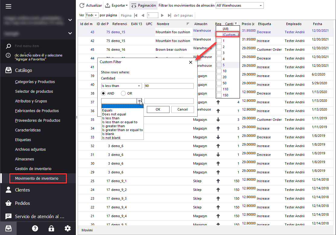PrestaShop Stock Movements Filtering By Parameter