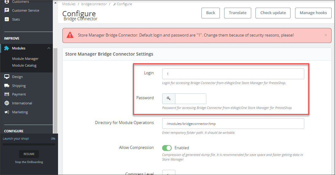 PrestaShop Store Manager Bridge Connector Access Settings