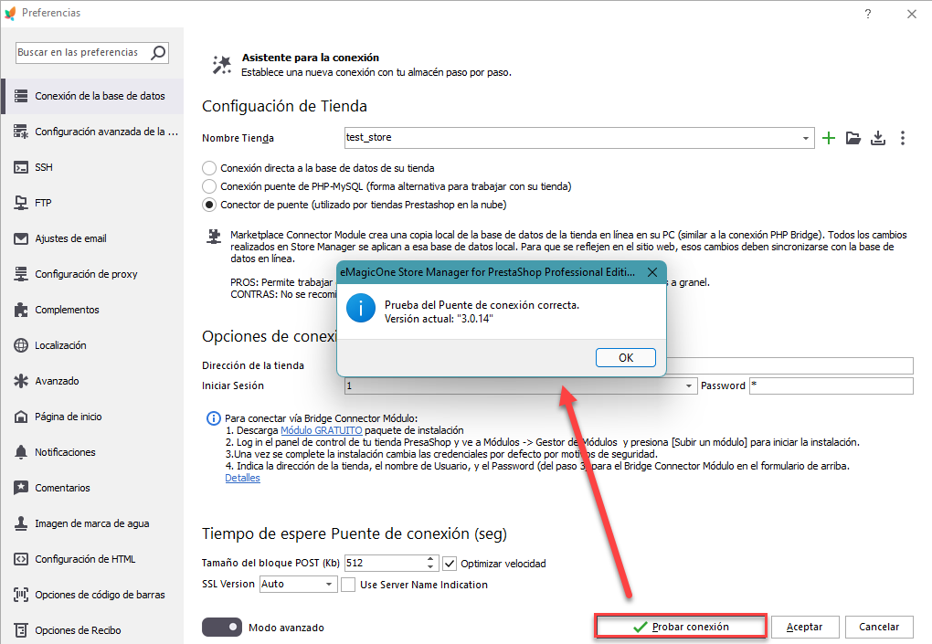 PrestaShop Store Manager Bridge Connector Connection Test