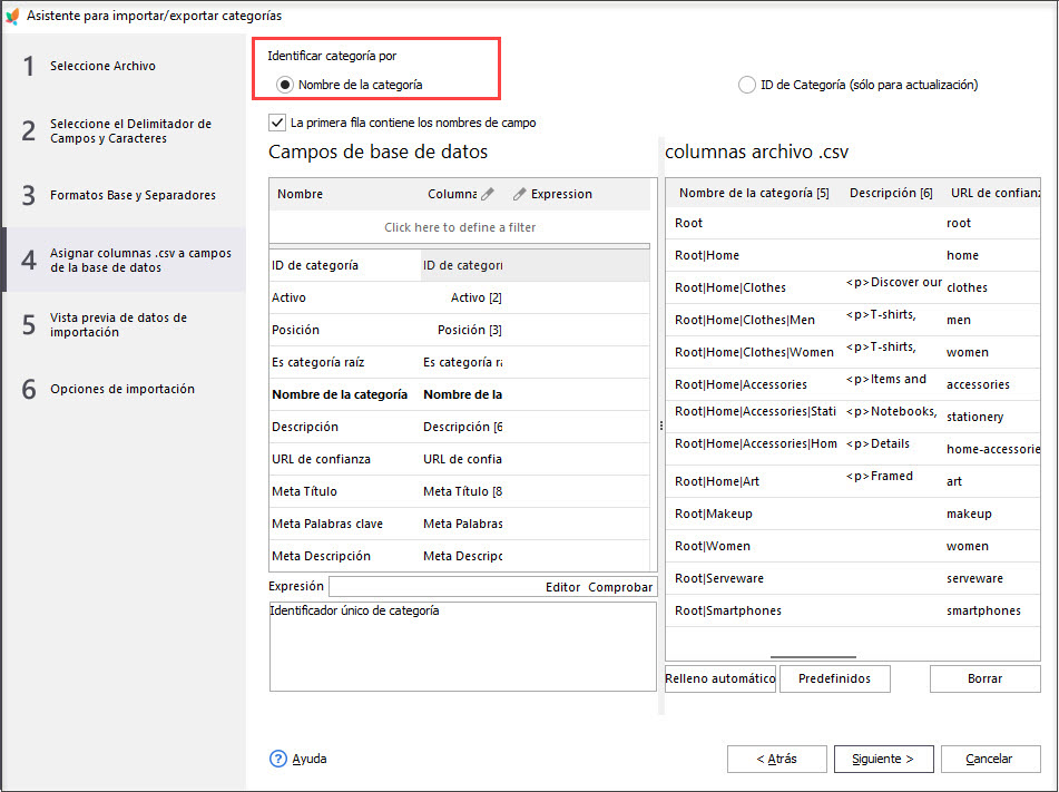 Prestashop Category Fields to Be Imported