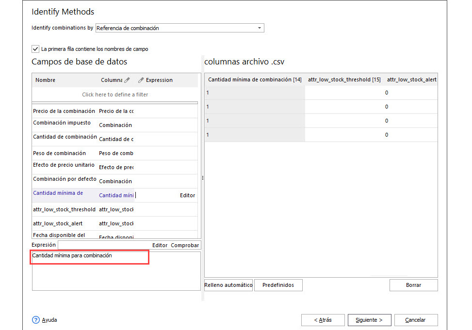 Prestashop Combinations Update Wizard Fields Description