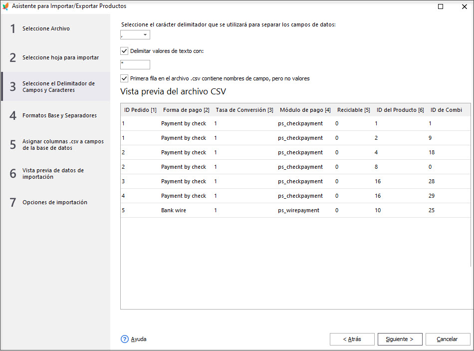 Prestashop Orders Import Delimiters Step