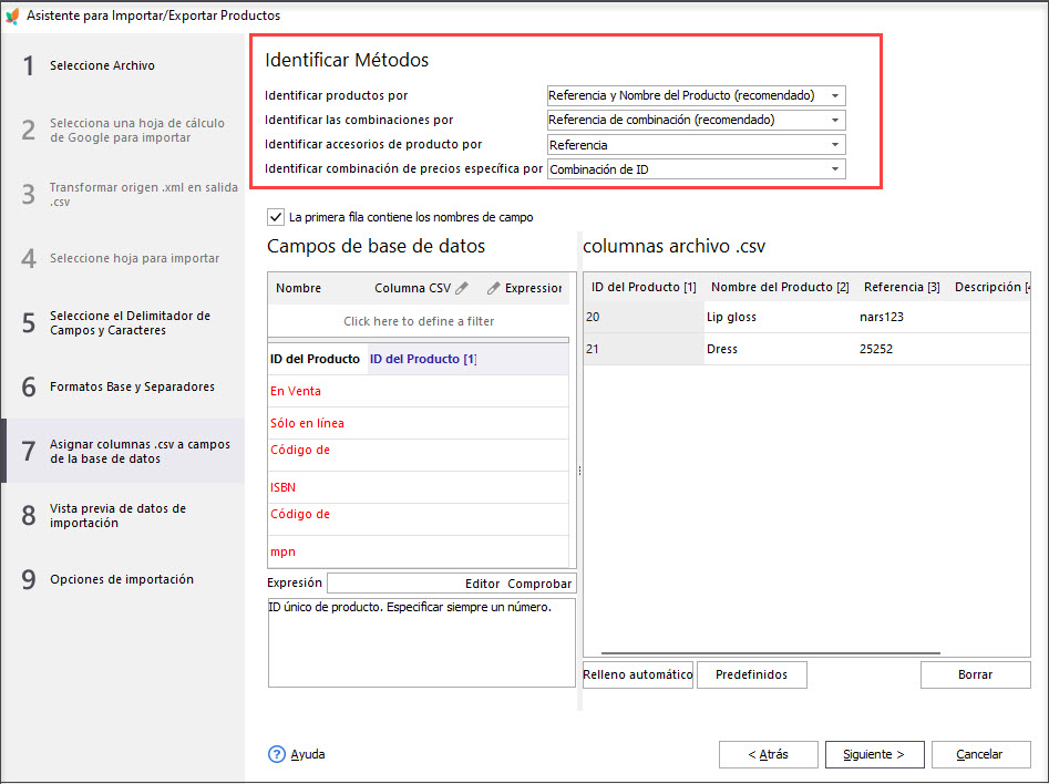 Prestashop Products Import Fields Association