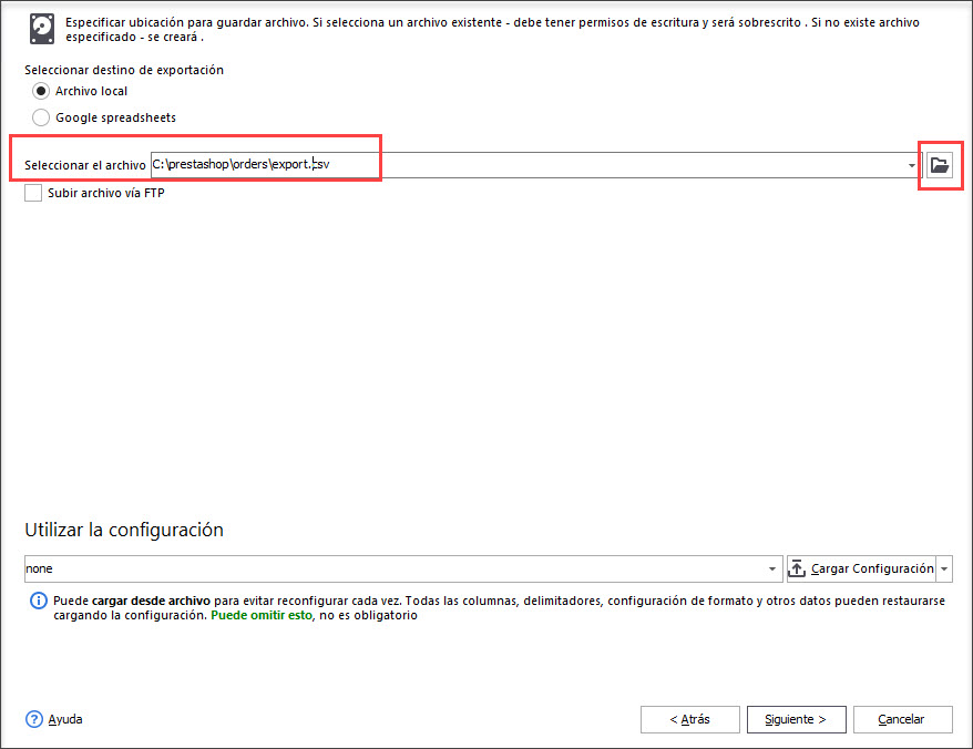 Prestashop Select File location for Orders Export
