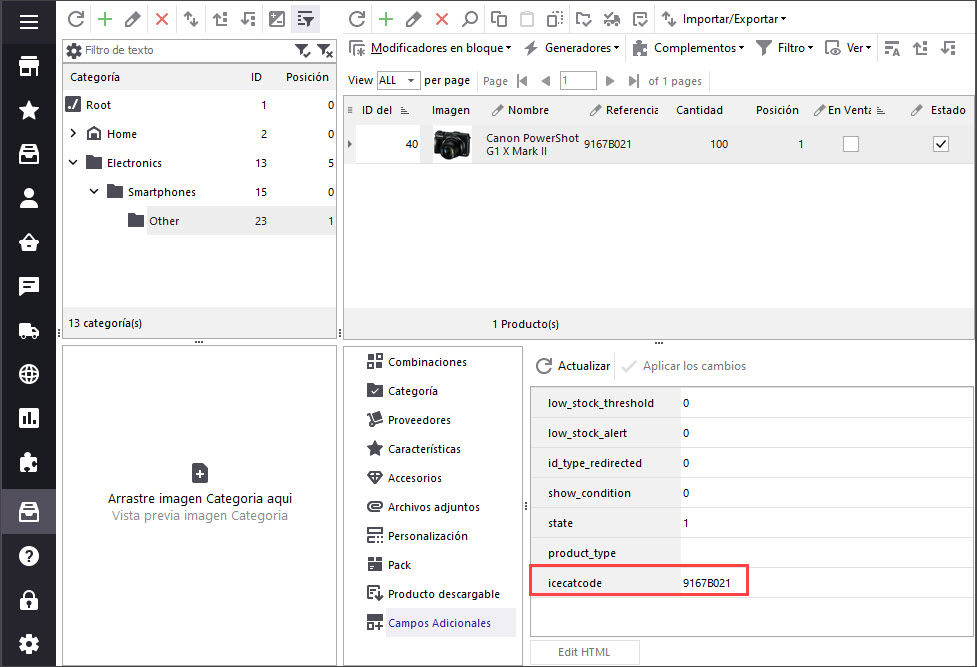 Product ICEcat Code in Store Manager for PrestaShop