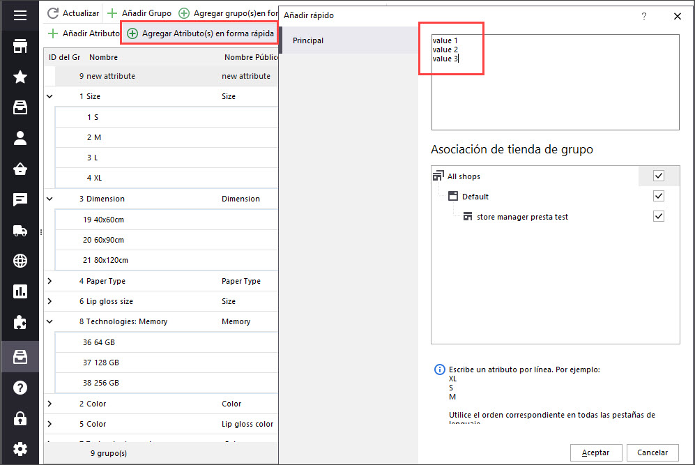 Quick Add New Attribute Values in PrestaShop Store Manager
