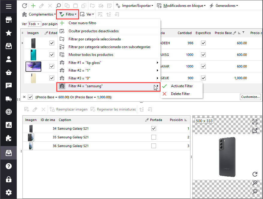 Select Created PrestaShop Custom Filter in Store Manager