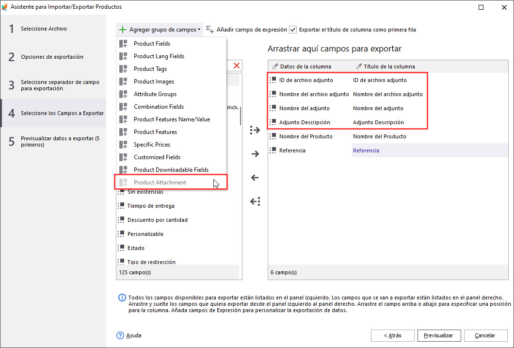 Select Fields to be Exported in Export Wizard