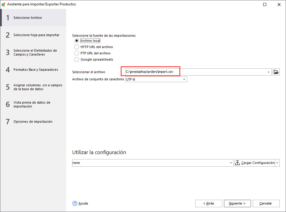 Select PrestaShop Order Import File In Wizard