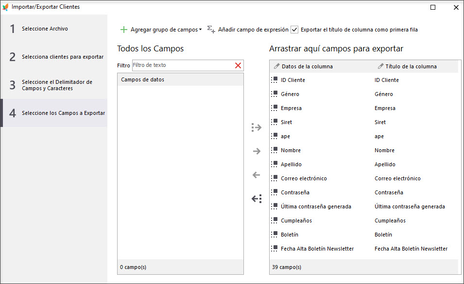 Select Prestashop Clients Fields to Be Exported