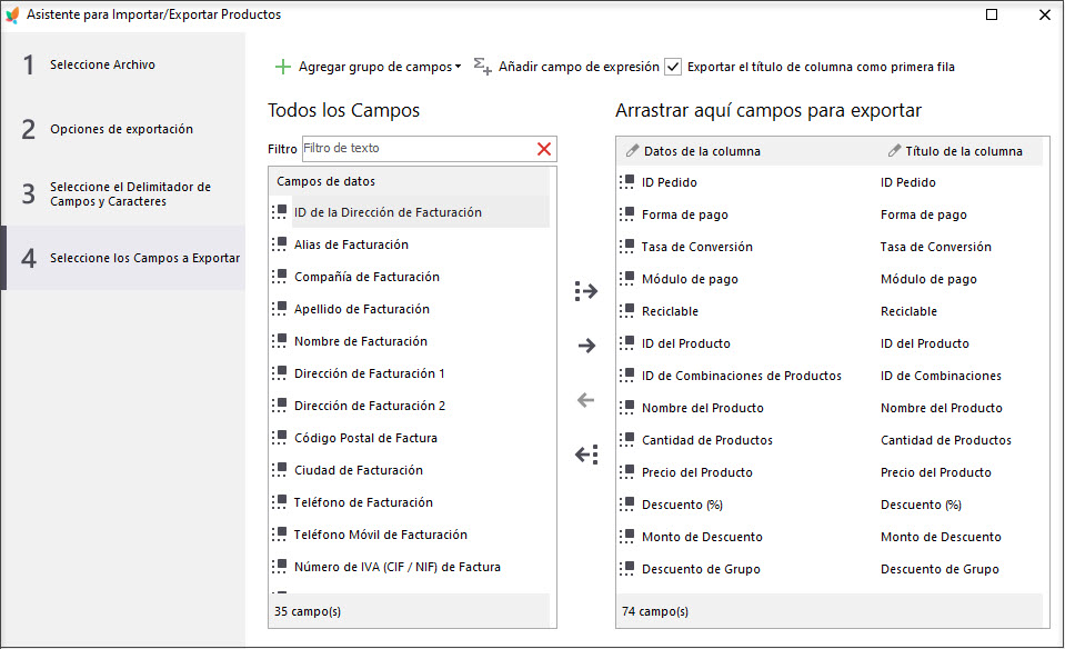 Select Prestashop Orders Fields to Be Exported