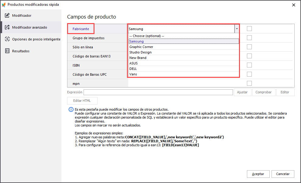 Update Manufacturer for PrestaShop Product with Mass Product Changer