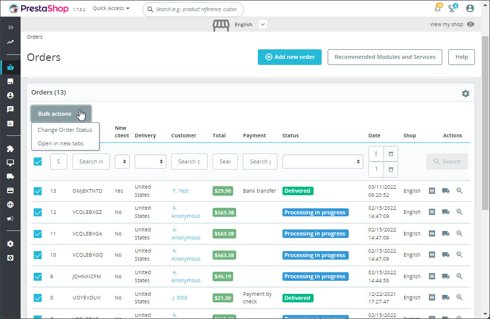 Update PrestaShop Orders in Bulk from Backend