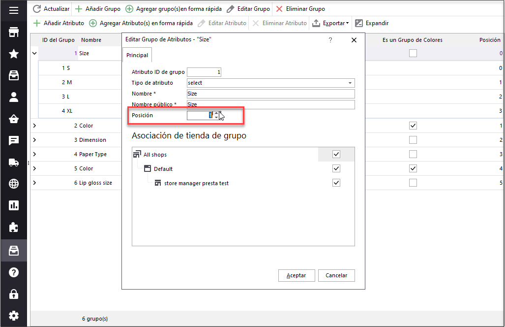 Prestashop Change Attribute Position from One Page