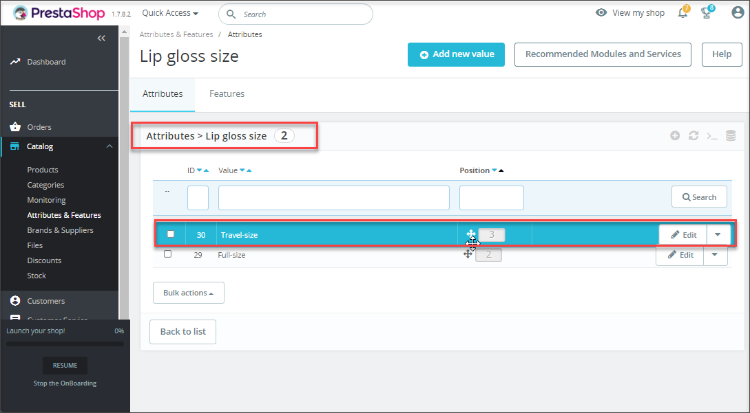 Prestashop Change Positon of Attribute Values