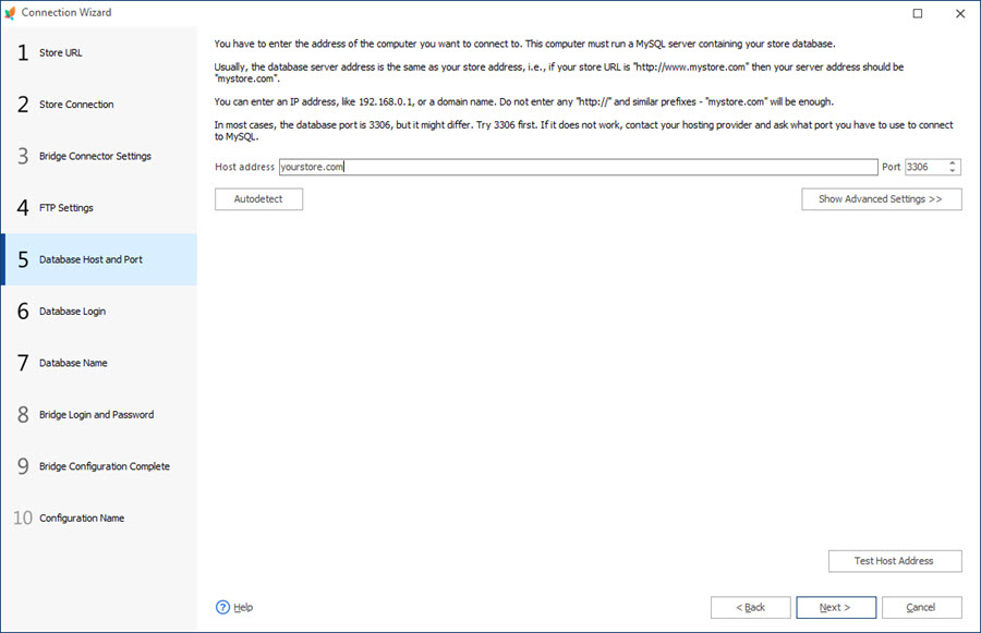 Database Host and Port Step Database Host and Port Step of Connection Wizard