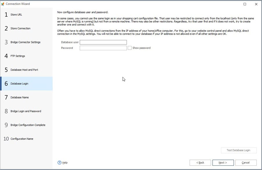Database Login Step Database Login Step of Connection Wizard