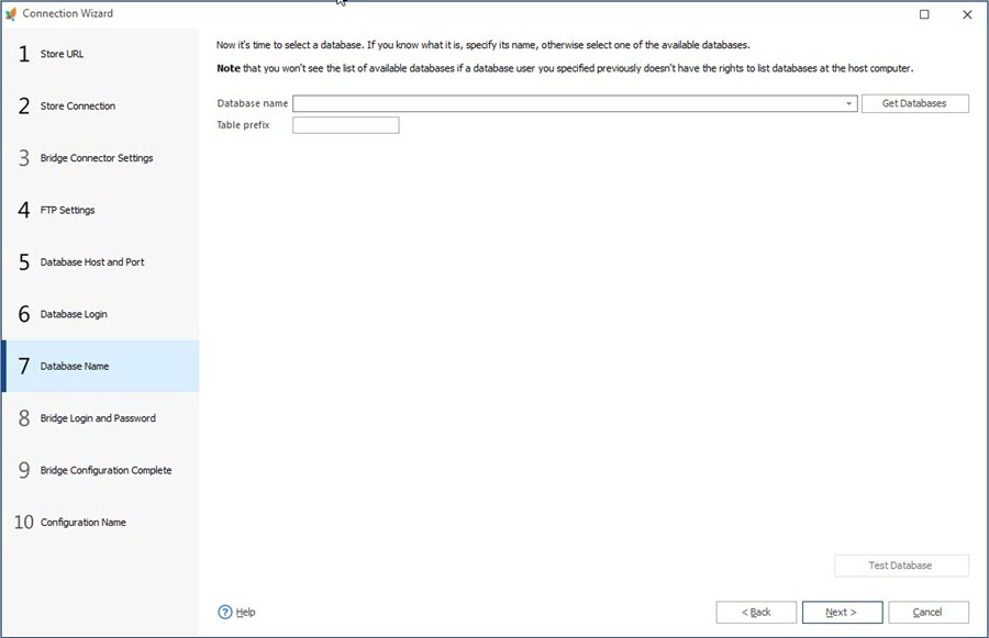 Database Name Step Database Name Step of Connection Wizard