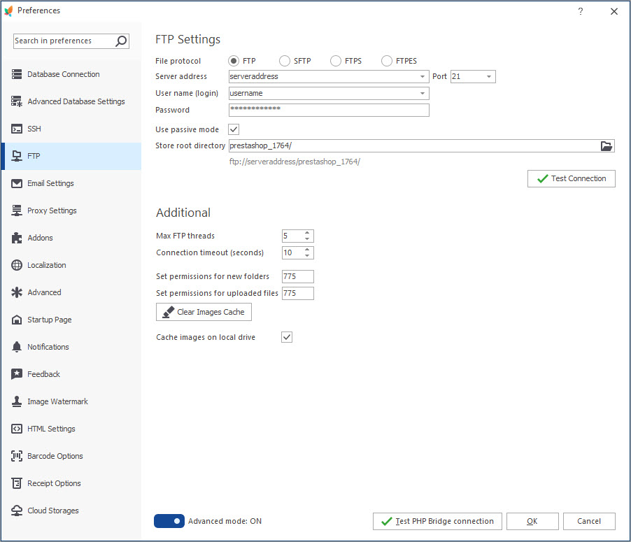 onglet Paramètres FTP onglet Paramètres FTP dans le PrestaShop Store Manager
