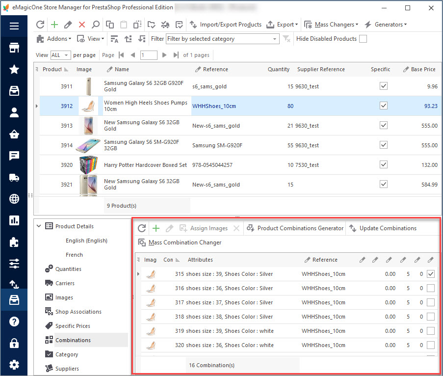 Administra las PrestaShop combinaciones con eMagicOne Store Manager