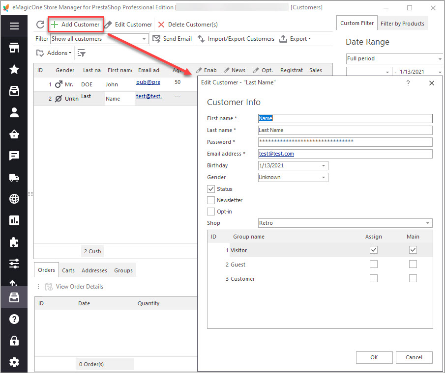 Add New PrestaShop Customer in Store Manager