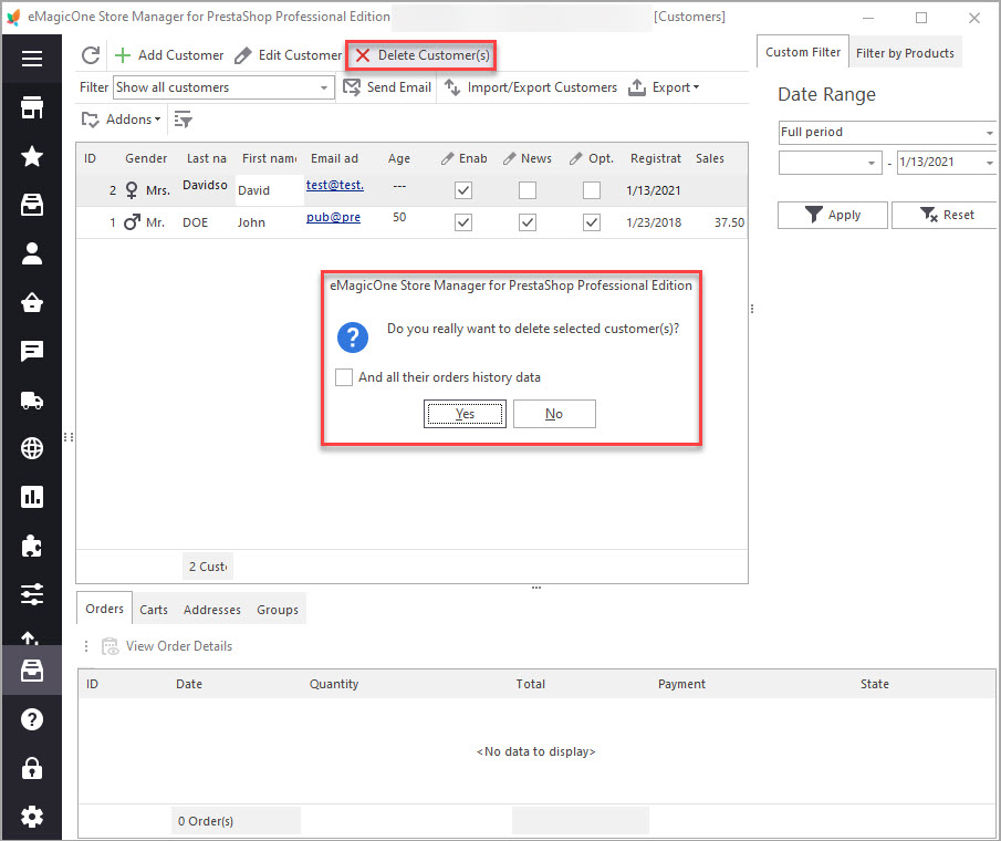 Delete Customers From PrestaShop Customer List in Store Manager