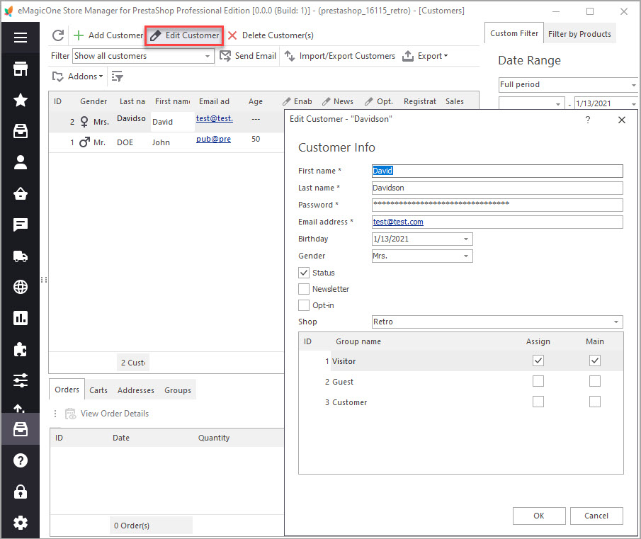 Edit PrestaShop Customer Data with Store Manager