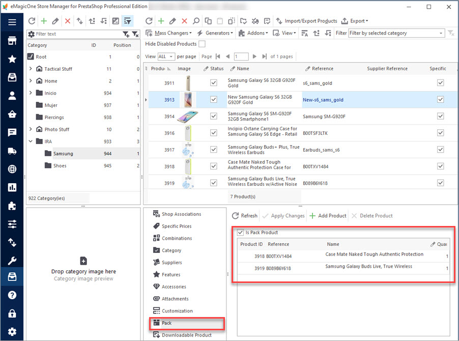 PrestaShop Produit Pack dans eMagicOne Store Manager
